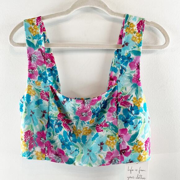 Show Me Your Mumu Square Neck Floral Crop Tank Top Blue Pink Large - Picture 1 of 5